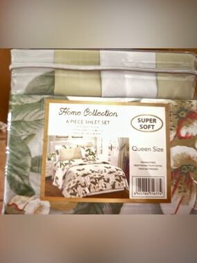 Home Collection Queen Sheet Set - White with Green Leaf Print
